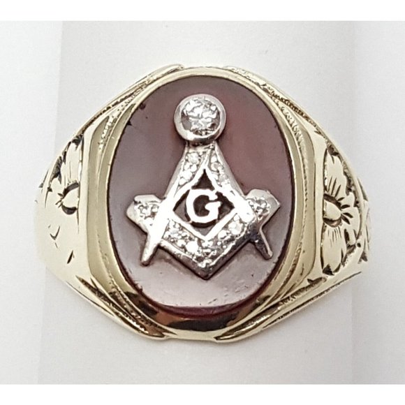 Vintage 14K Solid Two Tone Multi Color Gold Cornelian Masonic Diamond Ring - Picture 6 of 16